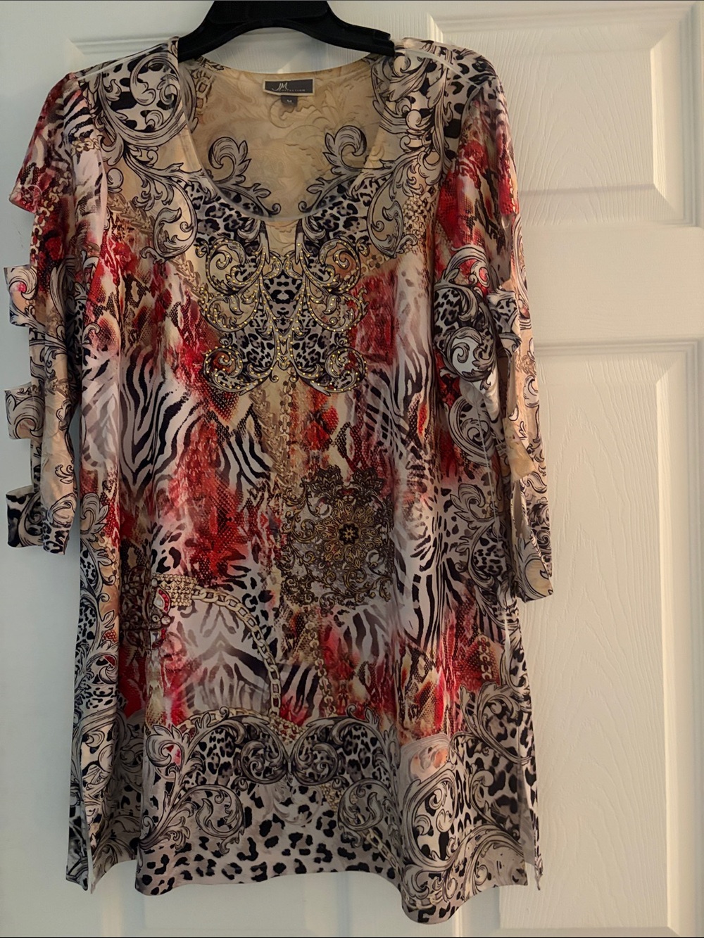 JM Collection Beige and Red Embellished V-Neck Tunic